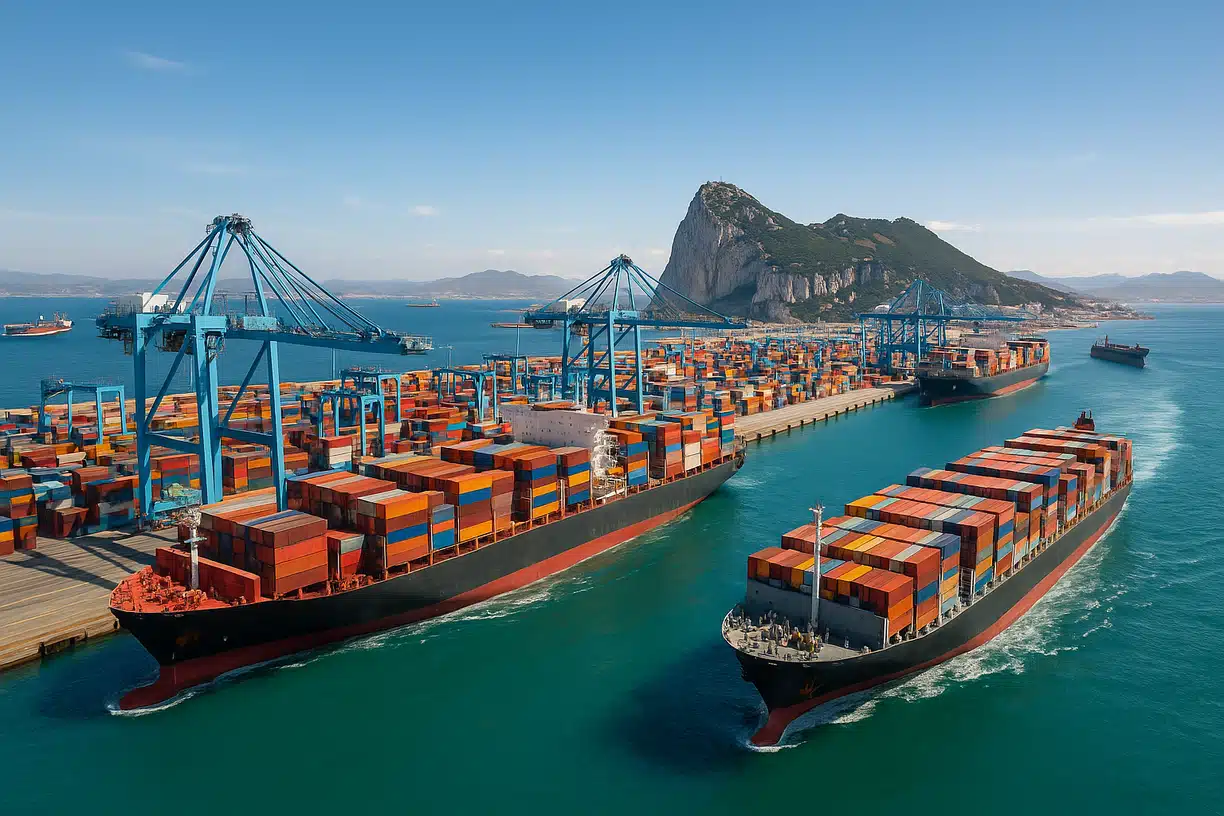 Container ships and cranes at port with mountainous coastline